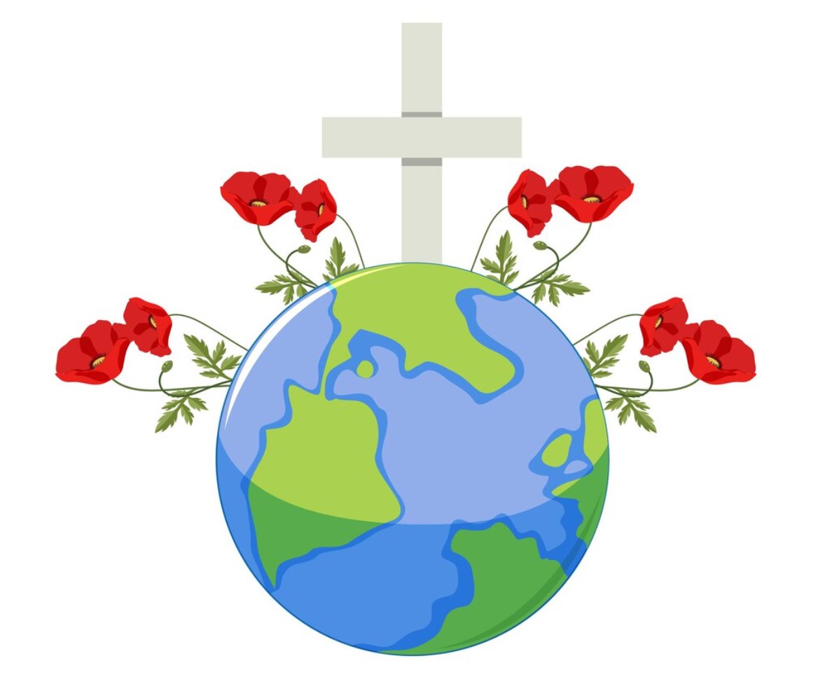 Man spreads the word in the United Kingdom that Jesus is set to return illustration of a globe with a Christian cross and poppy flowers