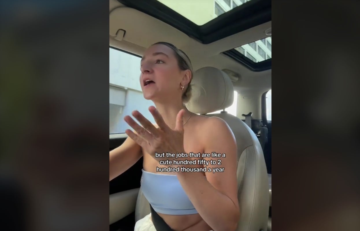 Screenshot of TikTok video by @fitnesswithalison with text that reads, “but the jobs that are like a cute hundred fifty to 2 hundred thousand a year”