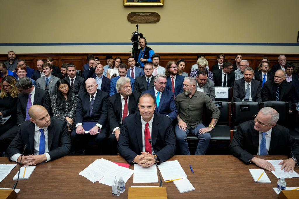 David Grusch pictured at a congressional hearing where he claims the U.S. government covered up evidence of aliens