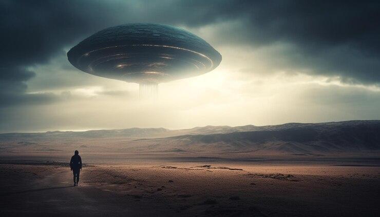 Artists draws a UFO, which is seen hovering over the desert