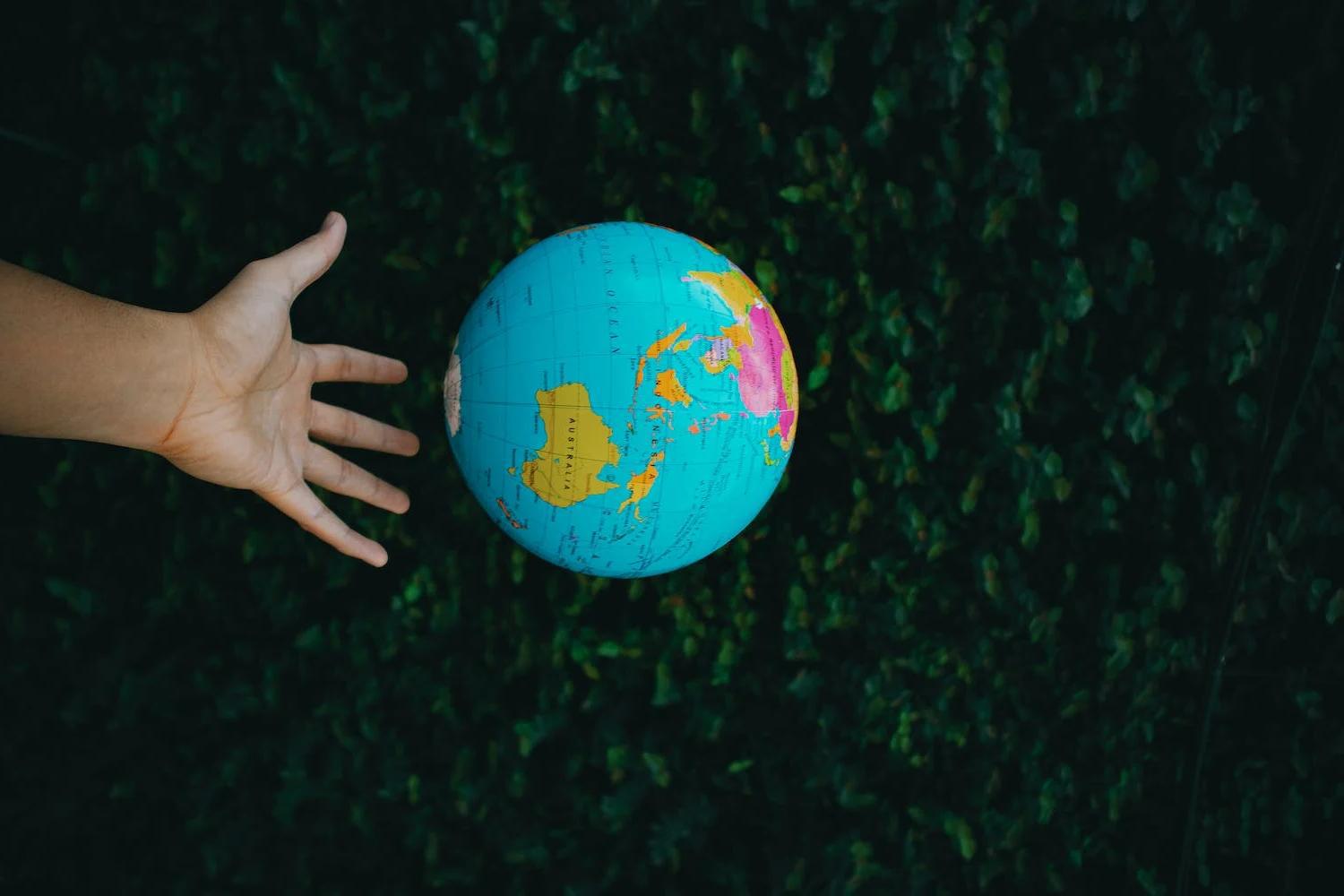 Person reaching toward globe near lush green plants
