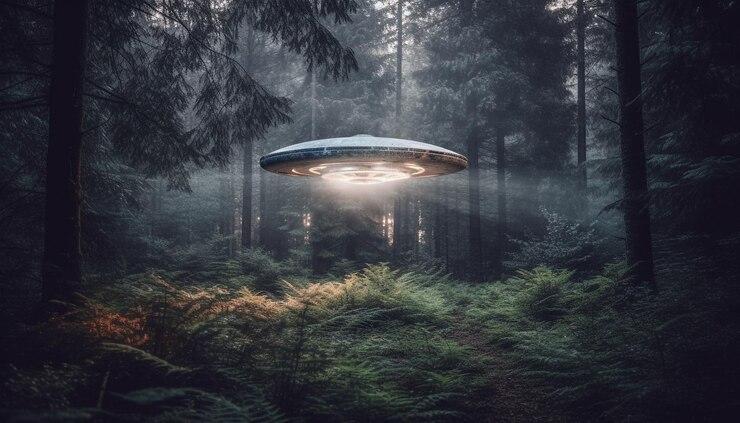An unidentified flying craft descends into the forest in the midst of the night