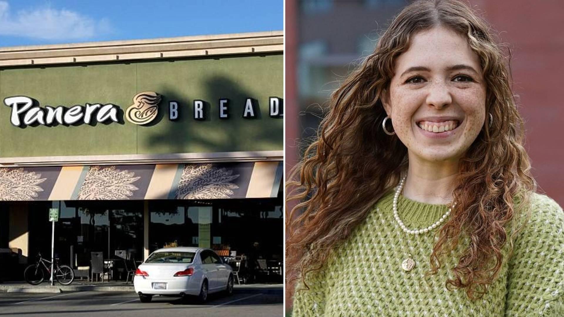 A photo of a Panera Bread outlet at left and an image of Sarah Katz at right