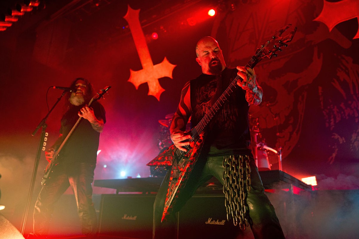 Slayer portrays the cross of the Anti-Christ at a concert in Indianapolis, Indiana
