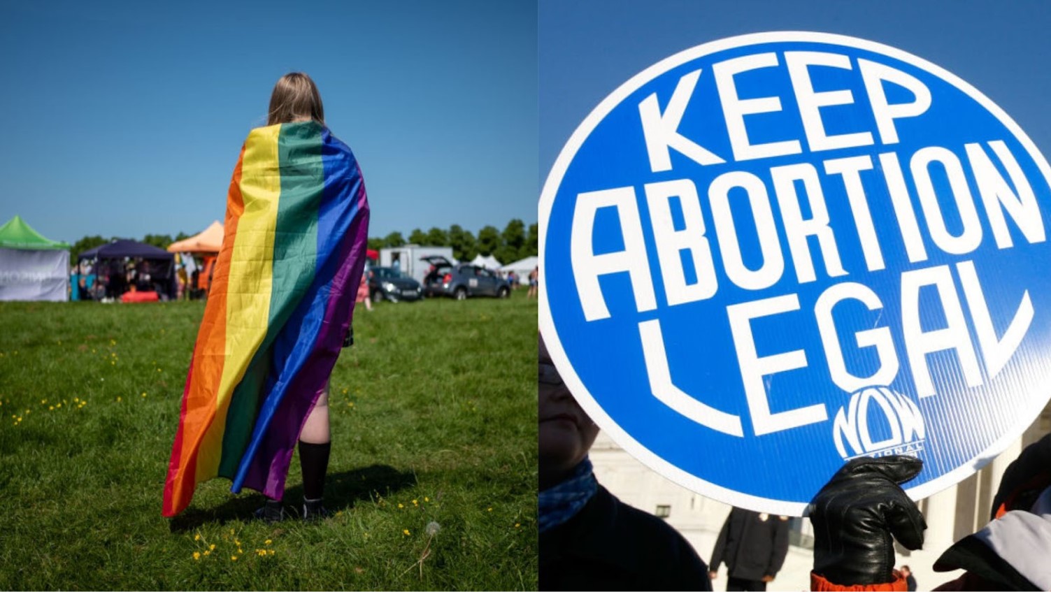 Woman wears pride flag walking through field/Keep Abortion Legal sign at protest