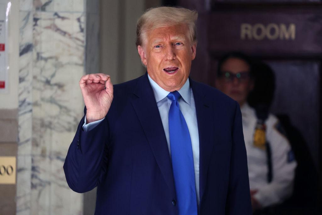Donald Trump speaking to the press before heading into the courtroom to stand trial
