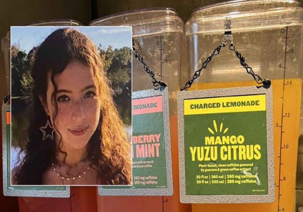 An image of Sarah Katz overlaid on another image showing charged lemonade drinks
