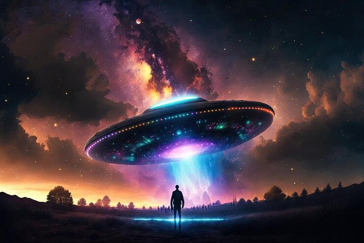 Man stands underneath a giant UFO that descends to the earth from the sky above